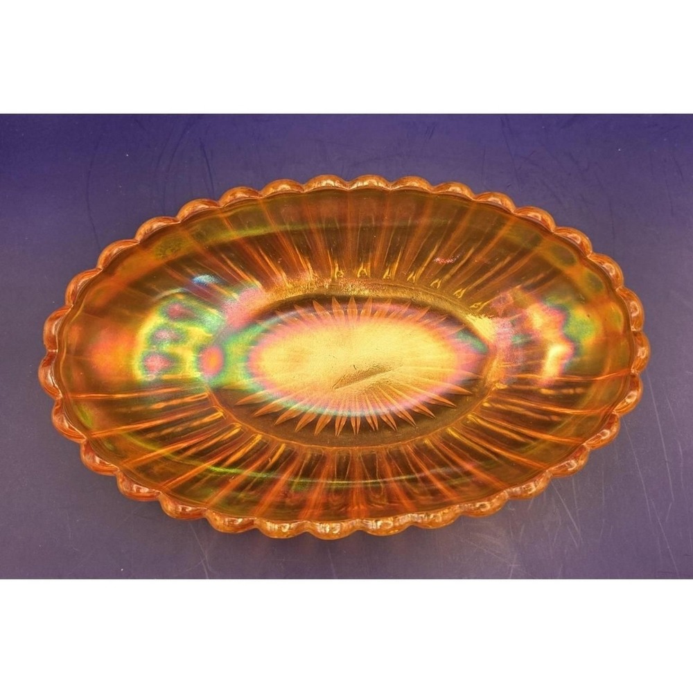 Antique Orange Marigold Bowl Carnival Glass Lustre Ware Oval Scalloped Edge B#30 - Picture 3 of 9
